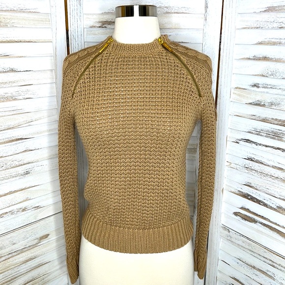 #22 MICHEAL l Micheal Kors Tan Gold Zipper Detail Crew Neck Sweater XS - Picture 7 of 7